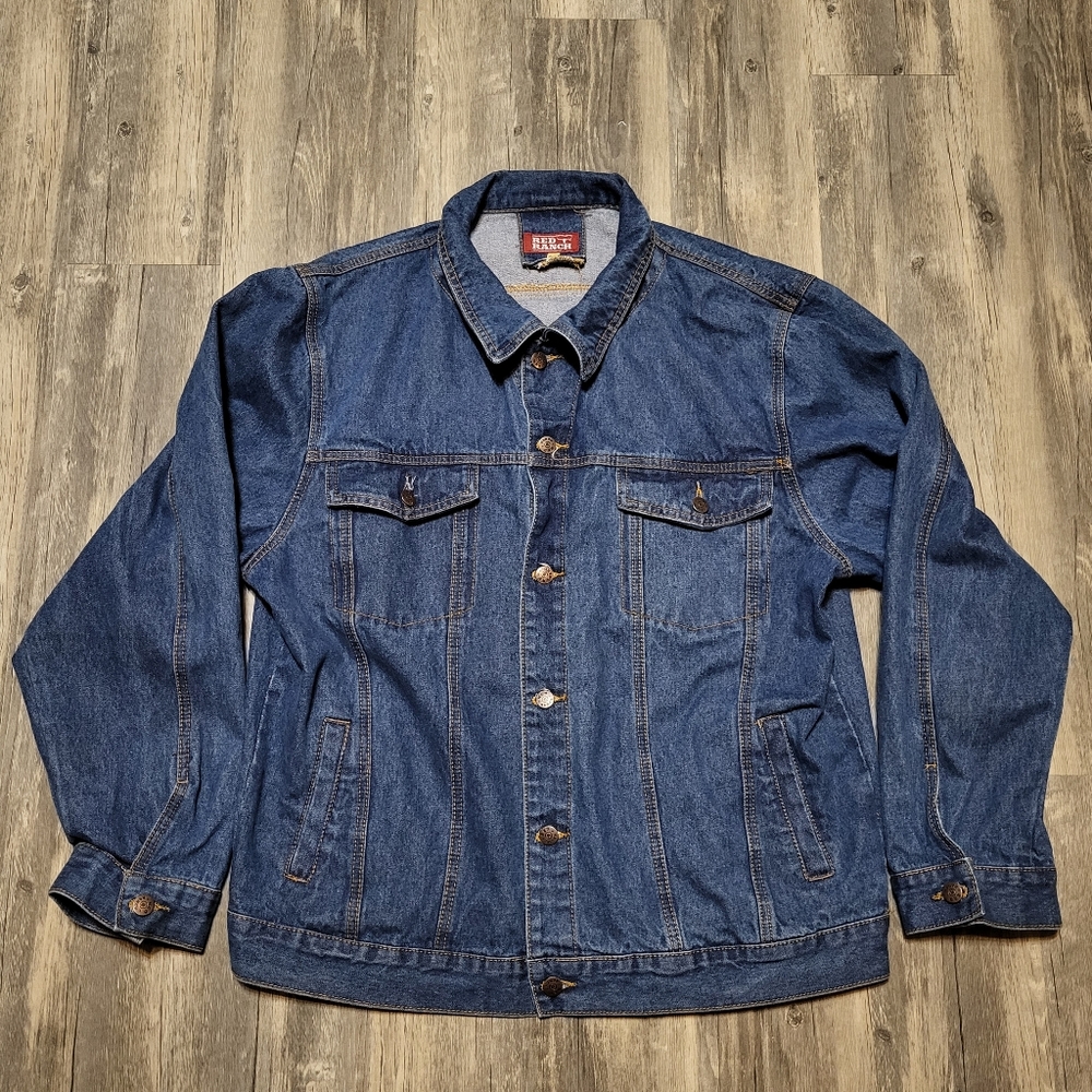 Vintage Red Ranch Western Jean Jacket Dark Wash Denim Chore Coat Mens Size XL